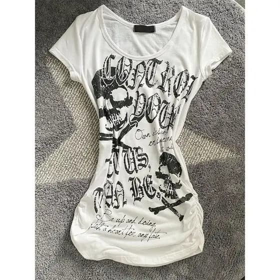 Camiseta Feminina Y2k de Verão Estilo Vintage Punk Rock com Estampa de Caveira Manga Curta [Fantasia de Halloween] 2026
