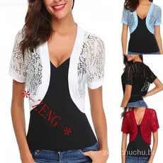 Cardigã Bolero Feminino ZBAO com Renda Floral e Manga Curta 6571 ZIAW 8878