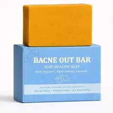 BCneOutBar, um sabonete removedor de acne que contém cúrcuma, vitamina C e alfa-arbutina, usado como limpador esfoliante