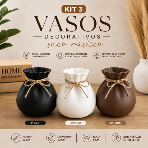Kit 3 Vasos Decorativos Saco Rústico 10 cm – Preto, Branco e Marrom | Decoração Moderna Vasos Para Plantas Decorativas