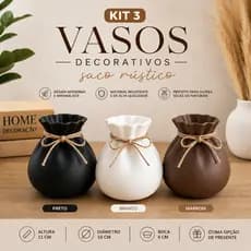 Kit 3 Vasos Decorativos Saco Rústico 10 cm – Preto, Branco e Marrom | Decoração Moderna Vasos Para Plantas Decorativas