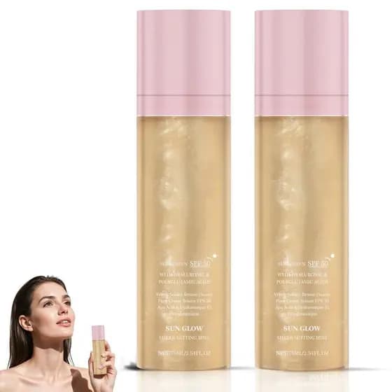 2 Peças Sunglaze Sheer Setting Mist Protetor Solar SPF50, Névoa de Óleo Brilhante de Amplo Espectro para Rosto e Corpo,