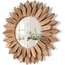 Espelho de Madeira Estilo Campestre de 12 Polegadas com Padrão de Sol, Estilo Boêmio, Adequado para Entrada, Quarto, Sal