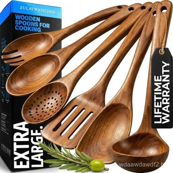 Conjunto de Utensílios de Cozinha de Madeira ZulayKitchen Super Grande com 6 Peças - Utensílios de Cozinha em Teca - Esp
