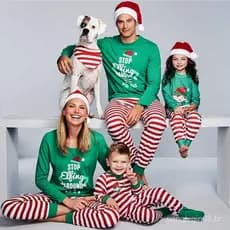 Conjunto de Pijamas Familiares Verdes de Natal, Pijamas de Outono Inverno para Pais e Filhos VCP9