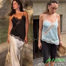 Camisolas de Cetim com Detalhes em Renda para Mulheres, Decote em V, Alças Finas, Costas Descobertas, Tops Assimétricos