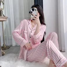 Conjunto de Pijama Feminino de Manga Longa, Cardigã, Moda Coreana, Estampa Listrada, Seda Gelada, Estilo Fino para Uso E