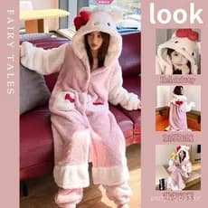 Pijama Fofo de Pelúcia Hello Kitty Kawaii Sanrio com Laço para Outono e Inverno, Pijama Longo de Pelúcia para Meninas, R