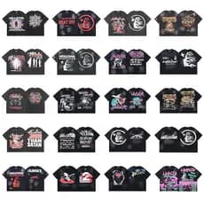 Camiseta Unissex Hellstar Fashion Street Retro com Estampa de Grafite Completa e Mangas Curtas WYDX RQN7
