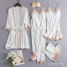 Pijama Feminino Plus Size de Cetim com Almofada para o Peito, Conjunto de Cinco Peças Dourado XR4L