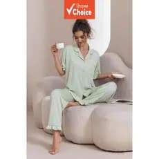 Conjunto de pijama casual de verão com babados para mulheres, conjunto de pijama de manga curta liso, cor sólida Matcha