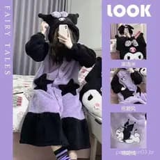 Pijama Kuromi para Mulheres, Outono e Inverno, Forro de Lã Espesso, Camisola de Comprimento Médio para Estudantes FDQ2