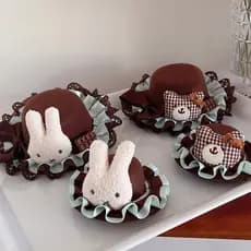 [Estoque pronto] Chapéu de presente de coelho Miffy cor Chocolate fofo treliça japonesa urso marrom cocar lolita WJG