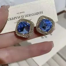 Brincos quadrados de cristal azul de luxo com luz francesa, brincos de strass temperamento de personalidade de alta qual