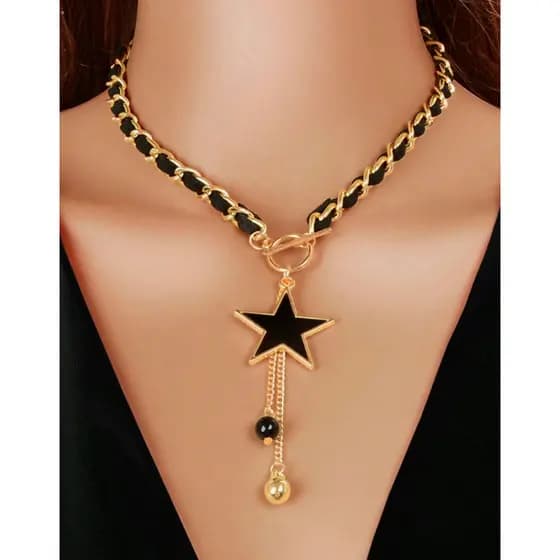 Colar Feminino CL76 Trançado Pingente Estrela Cinco Pontas