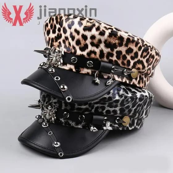 Chapéu De Leopardo Com Rebite JIANGXIN , Boina Hip-hop Punk Y2k , Boné Retrô Prateado Preto Gótico Plano Para Mulheres