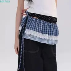 Cortina De Peido Xadrez PERTUO , Minissaias De Renda Empilhadas Balletcore , Saias Curtas Com Babados Estilo Pastoral Y2