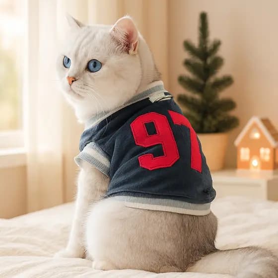 Roupa para Gatos, Moletom de Veludo Azul Número 97, Hoodie Confortável para Animais de Estimação, Adequado para Cães e G