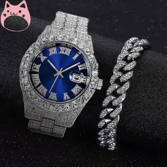 [HGF] Ice Relógio masculino com Pulseira corrente cravejada Pulseira masculina Cadeia Cubano corrente YK