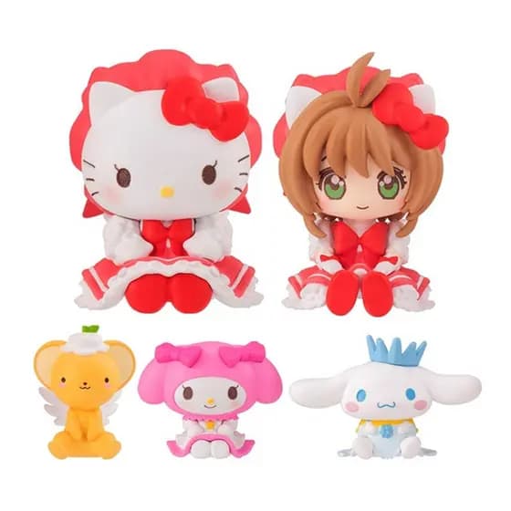 Conjunto de 5 peças de figuras de ação em PVC de anime japonês: "Cardcaptor Sakura," "Hello Kitty," "Cinnamoroll," "Cerb