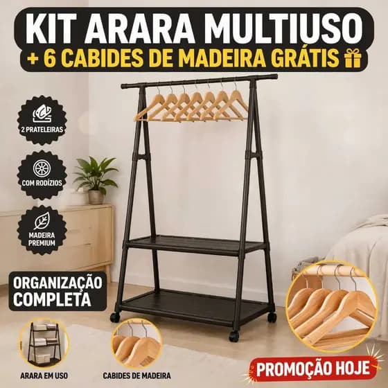 Kit Arara Roupas Closet Organizador Cabides Madeira 6 Unidades Guarda Roupa Lavanderia Sapateira Expositor Quarto Banhei