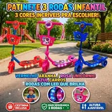 Patinete Infantil 3 Rodas Luz LED Regulável Menino Menina Scooter Criança Herói Aranha Unicórnio MotorKid 3 Anos Parquin