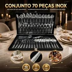 Faqueiro Inox 70 Peças Maleta Talheres Mesa Posta Jogo Talheres Cozinha Completo Casamento Churrasco Presente Luxo