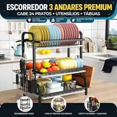 Escorredor de Louça 3 Andares Preto Grande Organizador de Pia Cozinha Porta Pratos Copos Talheres Bandeja Coletora