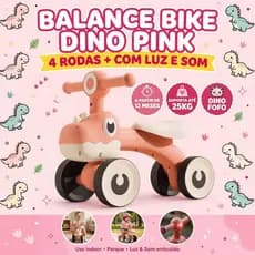 Balance Bike Infantil Dinossauro Dino 4 Rodas Marrom Bebê 1 Ano Sem Pedal Luz LED Bicicleta Equilíbrio 25kg Criança
