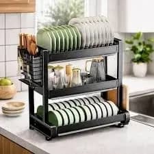 Escorredor Louças 3 Andares Metal Preto Porta Pratos Copos Talheres Bandeja Organizador Pia Bancada