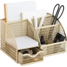 MONACO AZUL |   Organizador de Mesa Dourado com Gaveta |   Organizador de Mesa em Metal com Seis Compartimentos para Mat