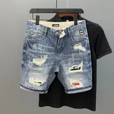 Bermudas jeans rasgadas masculinas para uso ao ar livre, design moderno com 5 patches, bermudas masculinas estampadas de