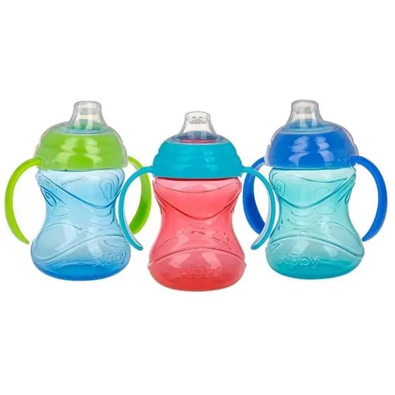 Copo de Treinamento Antivazamento Nuby Clik-It Grip N' Sip com Bico Macio e Alças - (Pacote com 3) 10 oz - 4+ Meses - Az