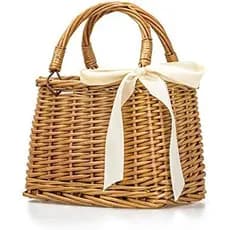 QTMY Arco Rattan Tecido Saco Sacos De Palha Alça Superior Cestas De Vime Bolsas Estilo Boho De Praia Cesta De Flores