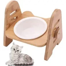 Tigela de cerâmica com suporte de bambu, tigela elevada para cães e gatos, tigela para comida de cães e gatos, tigela an