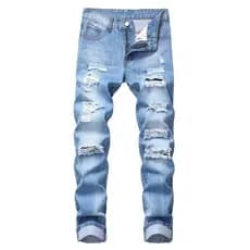 Pronto estoque Calça Jeans masculina rasgada reta Slim fit Stretchless rasgada