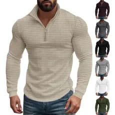 Moletom americano retrô outono inverno manga comprida masculino meio zíper pequeno xadrez Casual Stand-Up
