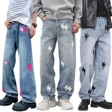 Jeans bordados masculinos relâmpago bordado jeans masculino em linha reta moda All-Match calças casuais roupas masculina