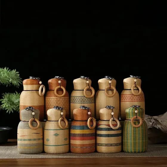 Novo estilo chinês feito à mão Retro bambu tecido copo de água de aço inoxidável grande capacidade copo térmico pote bar