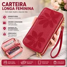 Carteira Longa Feminina Floral Dois Zíperes com Alça PU