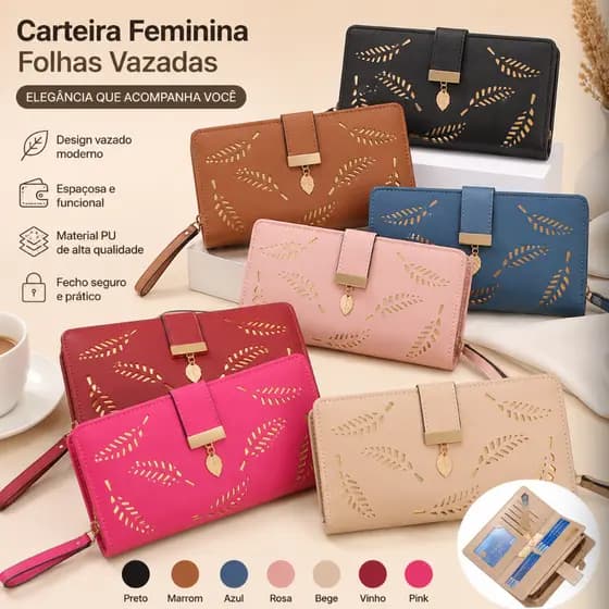 Carteira Longa Feminina Folha Vazada Dois Zíperes PU
