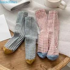 BACK2LIFE1 5 Pares De Meias De Algodão Xadrez , Tubulares Femininas Elásticas De Retalhos Com Grades