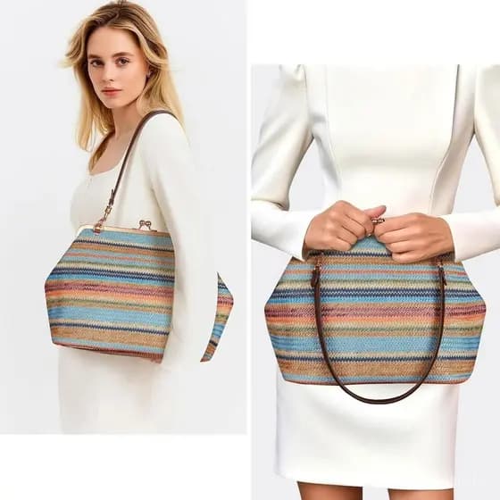 Bolsa Grande Feminina com Fecho KissLock em PU, Bolsa de Mão Média com Alça Superior, Bolsa de Ombro com Fecho KissClasp