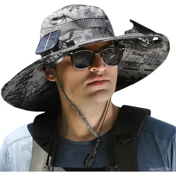 Chapéu SolarFanHat, Chapéu de Sol de Aba Larga para Exterior com 2 Ventiladores Solares, Chapéu Bucket para Homens e Mul