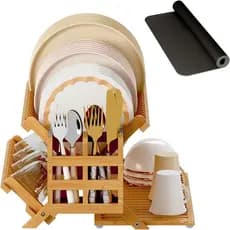 Escorredor de Louça de Bambu Greenual com Suporte para Utensílios, Escorredor de Louça Dobrável de 3 Níveis, Escorredore