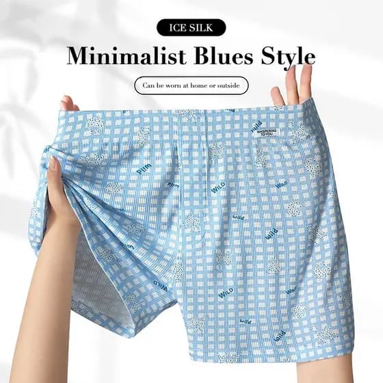KINGDAFA Roupa Íntima Masculina De Seda Gelada Minimalista Estilo Azul Legal Versão Solta Shorts Boxer Masculino , Gasta