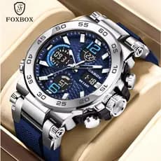 FOXBOX Relógio Masculino De Dupla Exibição Para Homens Original De Silicone Esportivo À Prova D'água Chronograph Quartz