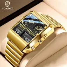 FOXBOX Relógio Masculino Com Display Duplo À Prova D'água Luxuoso Dourado Inoxidável LIGE De Pulso Cronógrafo De Quartzo