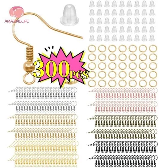 300 Pçs/Set Brinco Gancho Fio De Orelha Com Tampões De Ouvido De Silicone Kit Para Brincos DIY Descobertas De Jóias Faze