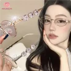 1 PC Diamantes Metal Pequena Armação Oval Óculos Planos Ovais Para Mulher Moda Feminina Estilo Coreano Retro Pequeno
